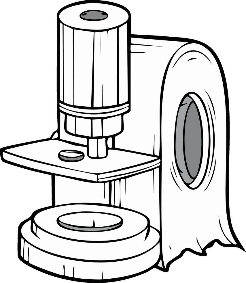 Humorous conceptual illustration of a scientific microscope with a toilet paper roll as its base vector