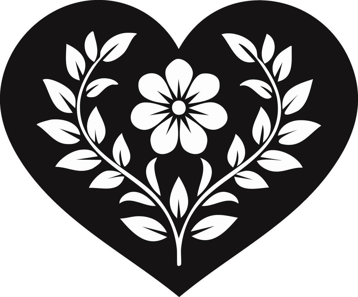 Graphic black and white heart shape adorned with intricate flower and elegant botanical leafy pattern vector