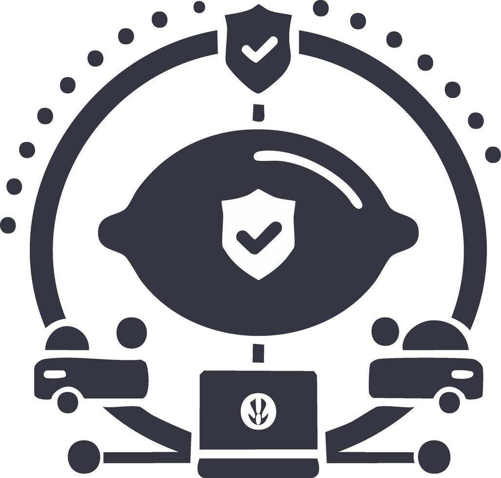 Network security concept with interconnected devices, data flow, and protection shields vector
