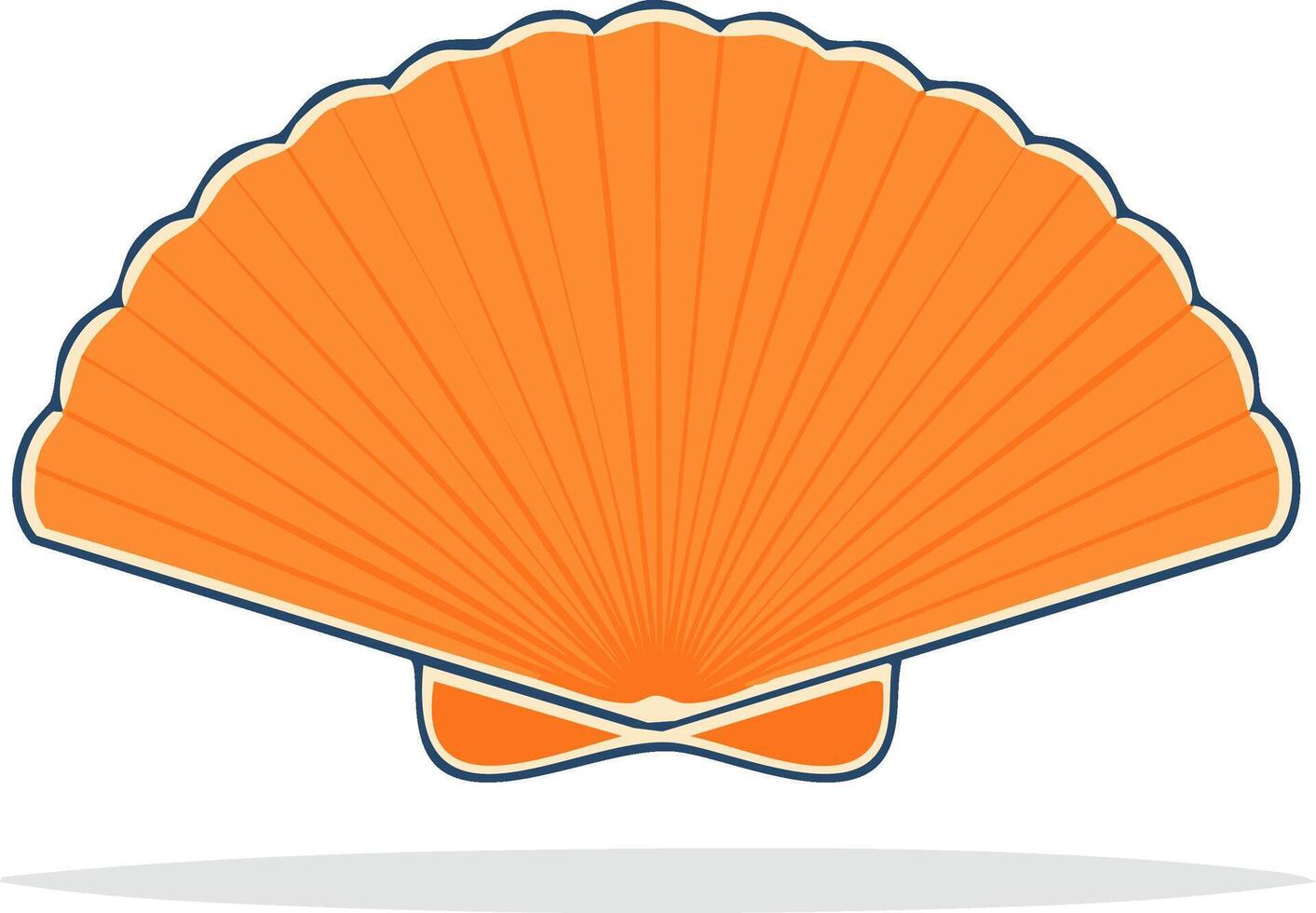 Stylized Orange Scallop Shell Illustration with Navy Outline in Design Nautical and Beach Theme with Clean Lines vector