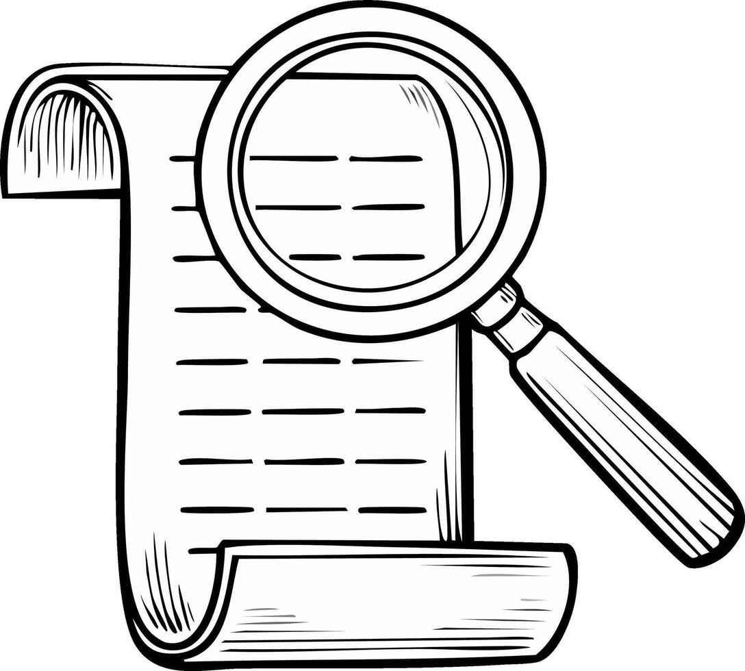 Magnifying glass examining vintage scroll document with text lines searching for information research investigation vector