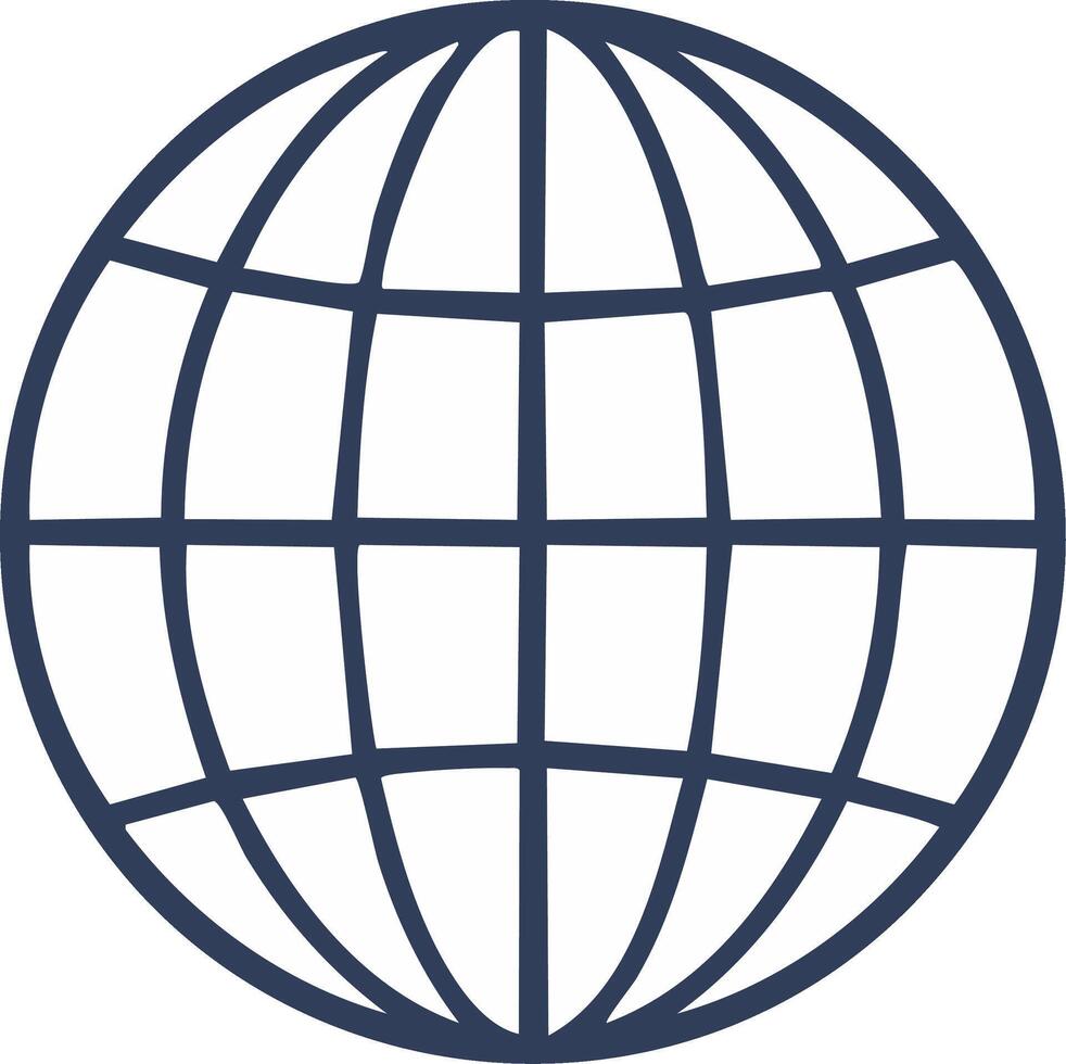 Stylized dark blue outline of a globe with a grid pattern representing global connection and the planet vector