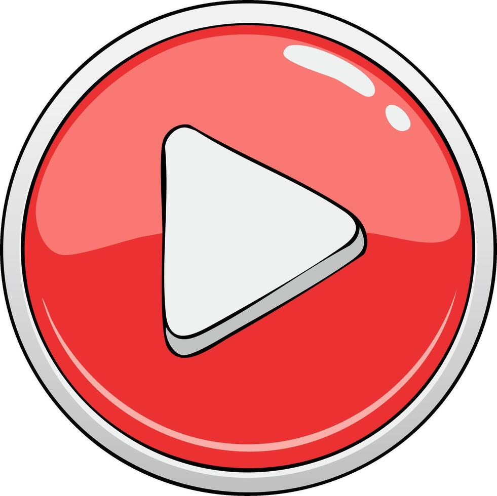 Cartoon play button icon, red glossy circle with a white triangle shape for media vector