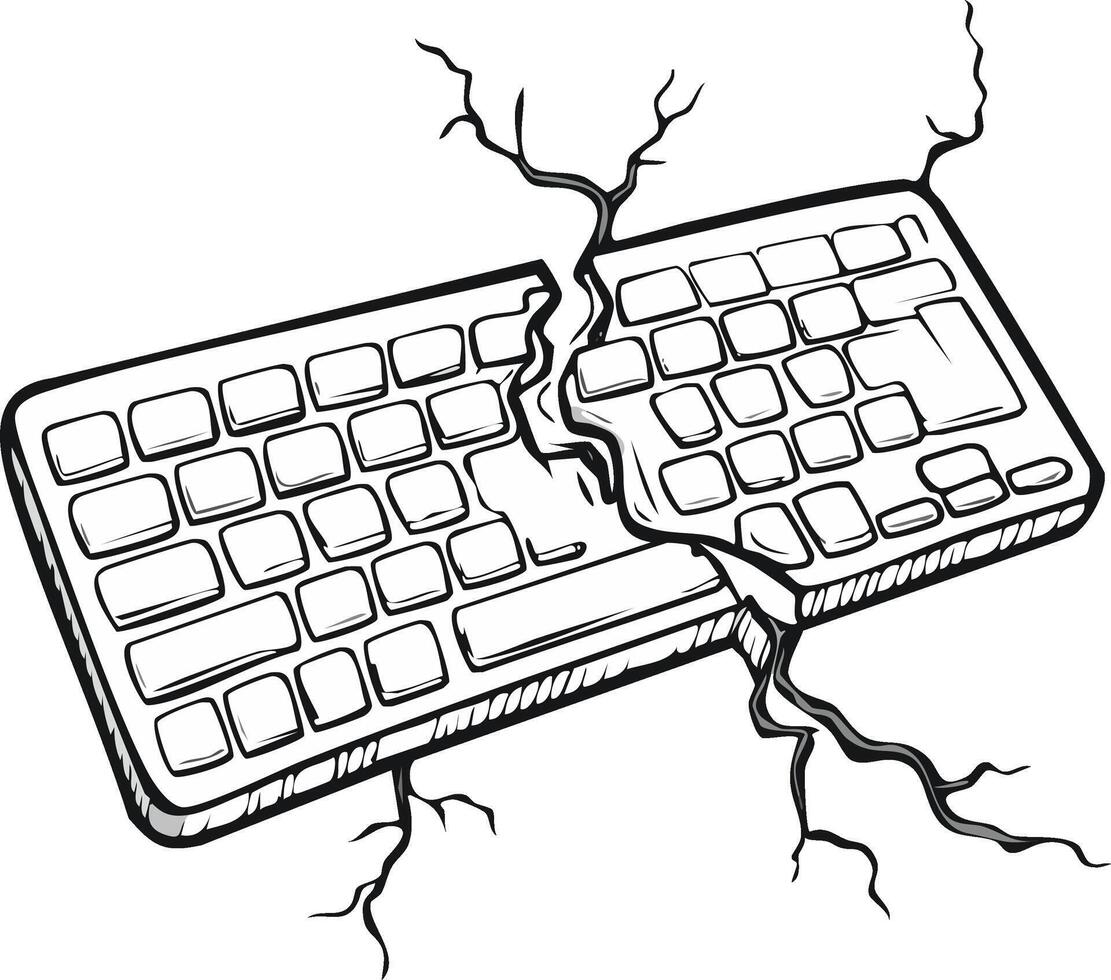Cracked computer keyboard split in half representing digital breakdown and tech issues vector