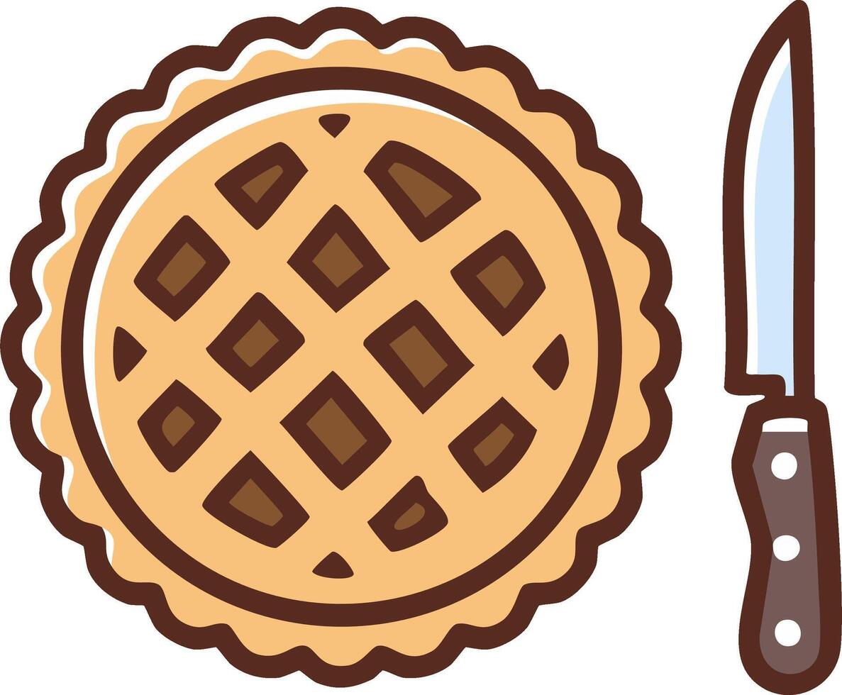 Simple illustration of a whole baked pie with a lattice crust and a knife ready for slicing vector