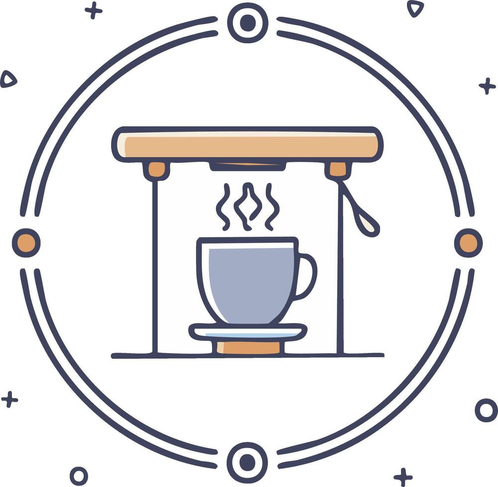 Hand drawn icon of a coffee machine brewing a steaming cup of espresso in a circle frame vector