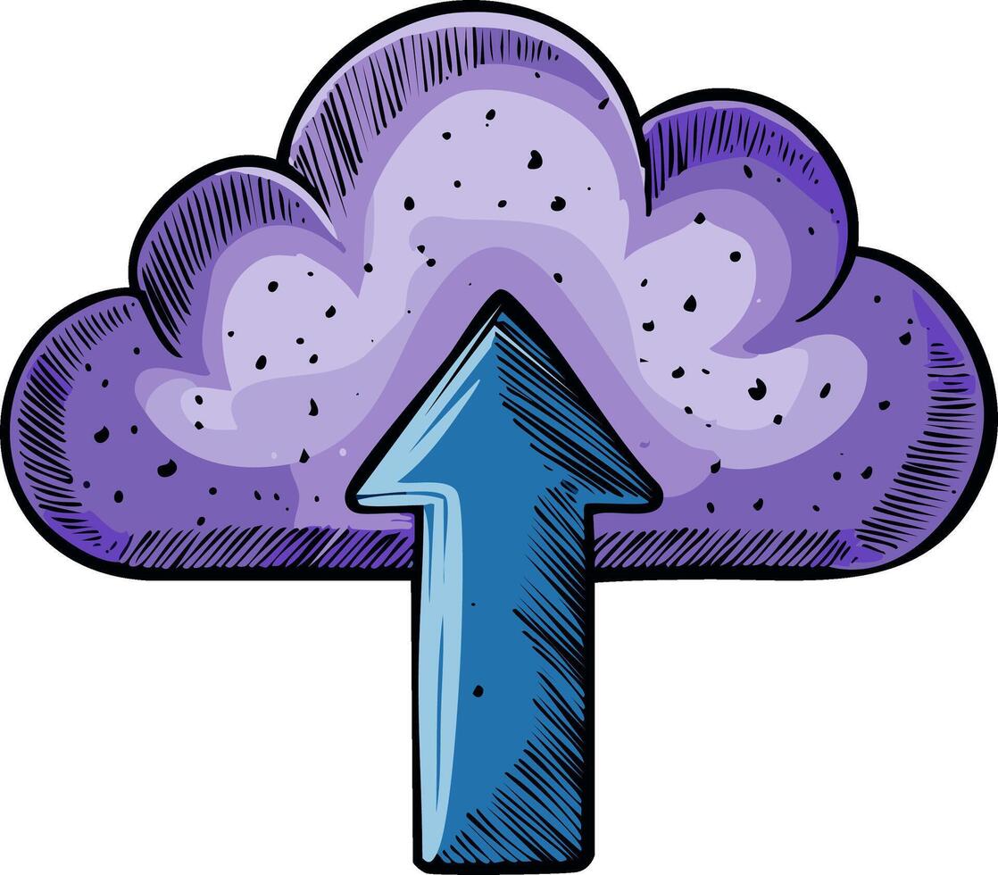 Stylized Illustration of a Purple Cloud with an Upward Pointing Arrow Indicating Data Upload vector