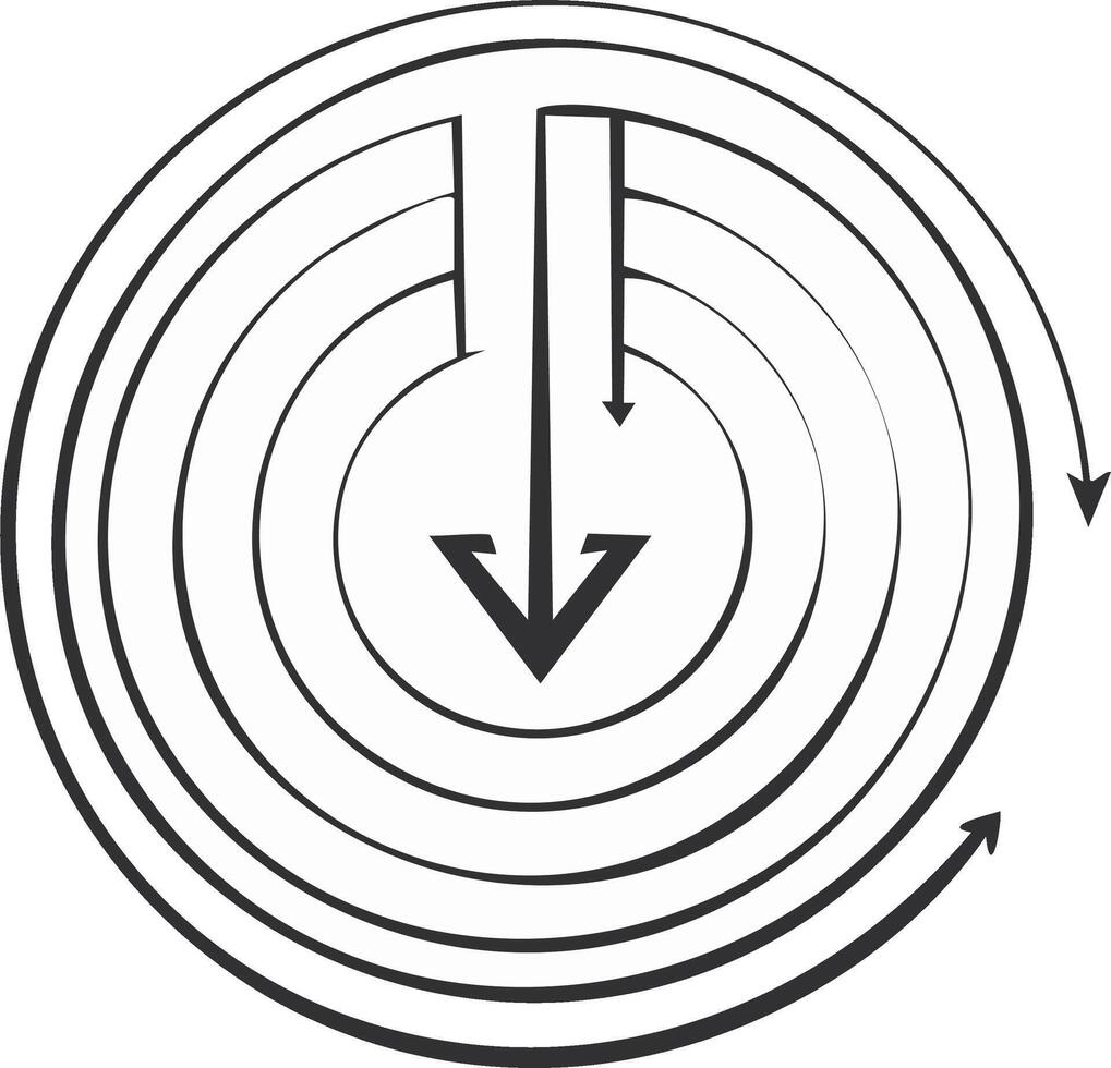 Circular maze with descending and swirling arrows symbolizing direction and progress vector
