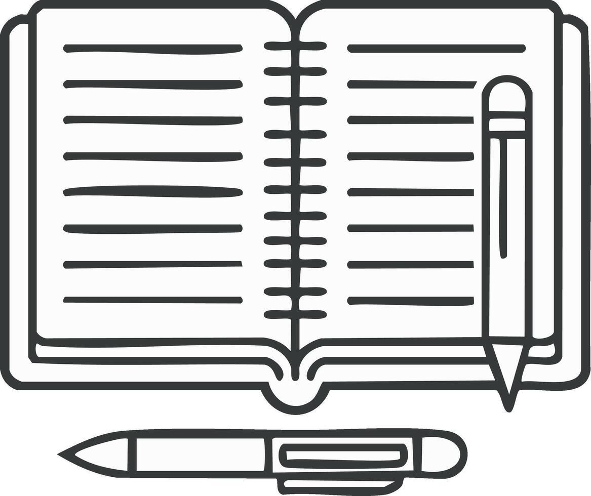 Open Spiral Notebook with Blank Lined Pages Accompanied by a Pen and Pencil in Line Art Style vector