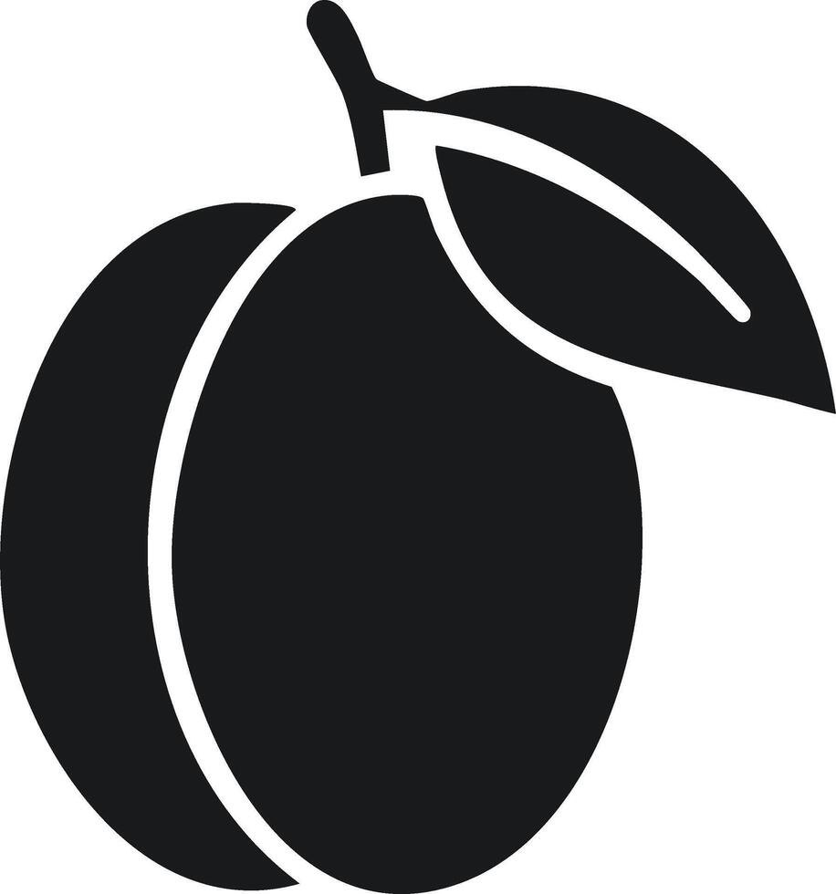 Simple black icon of a plum with a leaf and stem against a white background vector