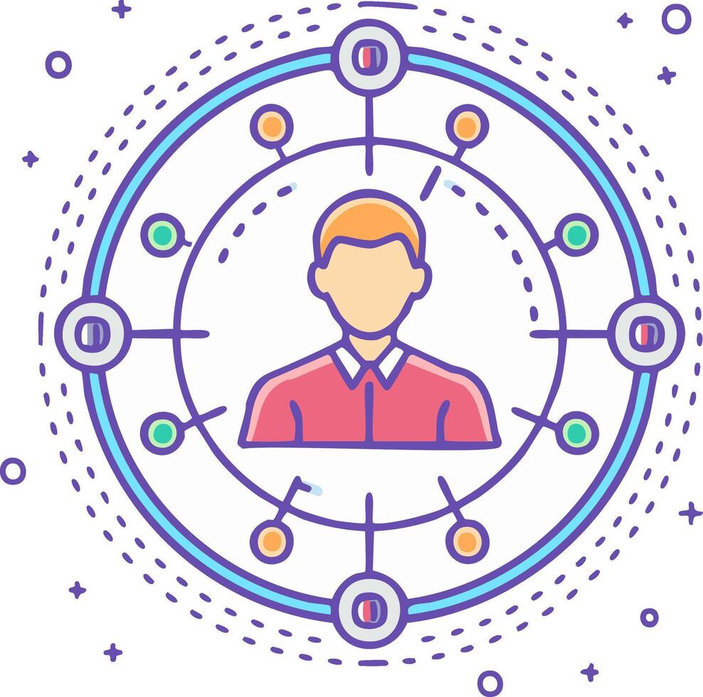 Person Connected to Multiple Nodes Communication Network Outline Style Illustration vector