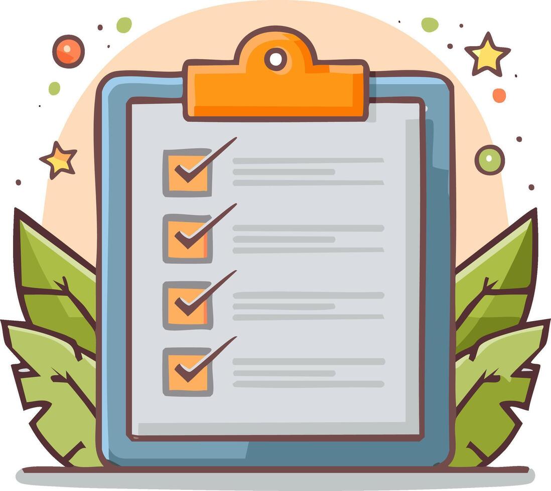 Colorful cartoon clipboard with a completed checklist featuring multiple successful check marks vector