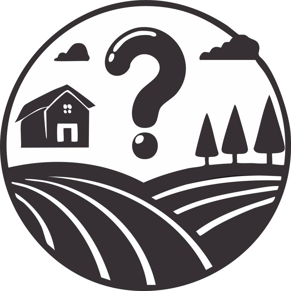 Question mark over a house, trees, and rolling fields, symbolizing uncertainty and choice vector