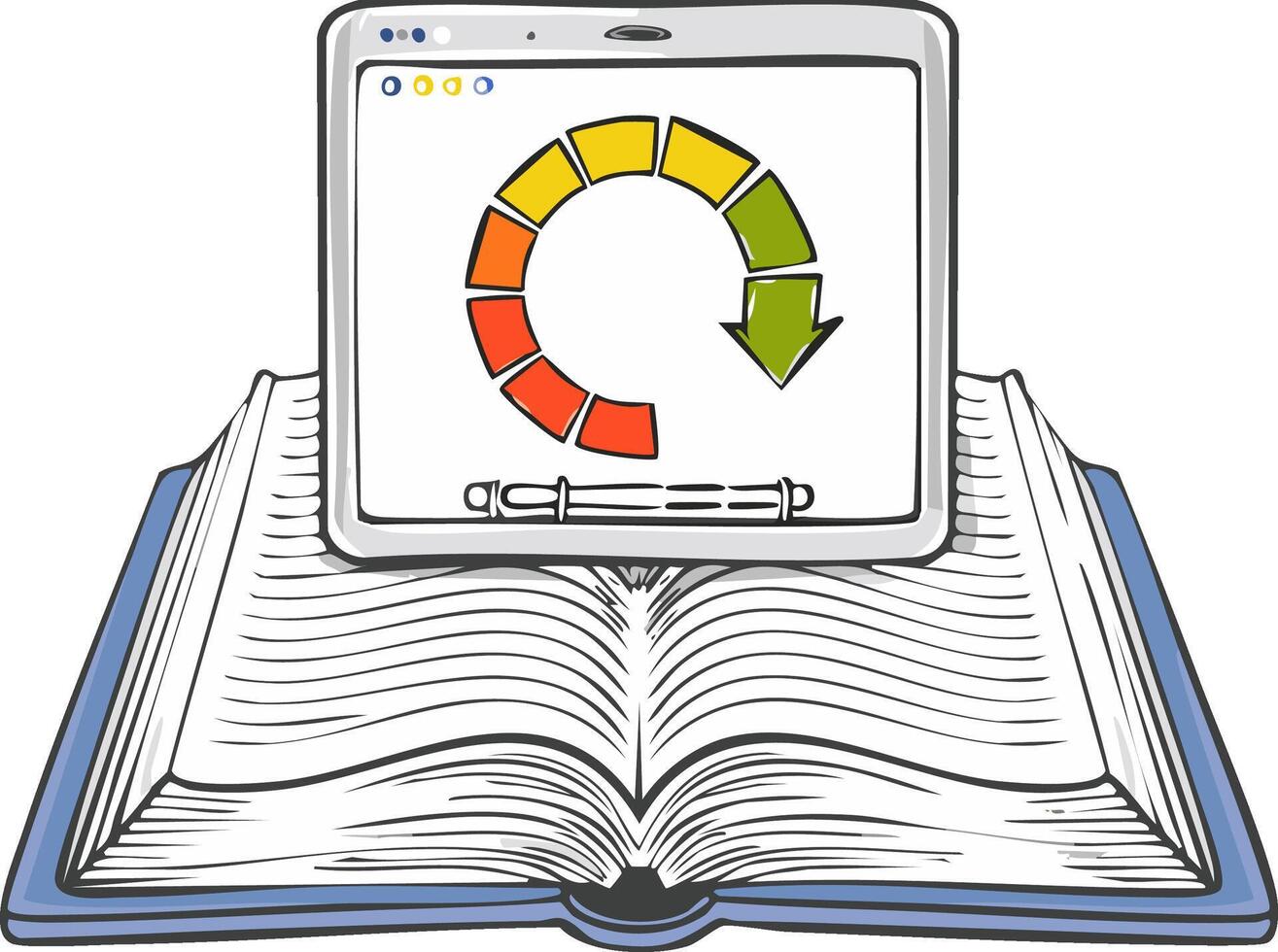 Hand drawn open book and modern tablet displaying a colorful circular progress bar vector