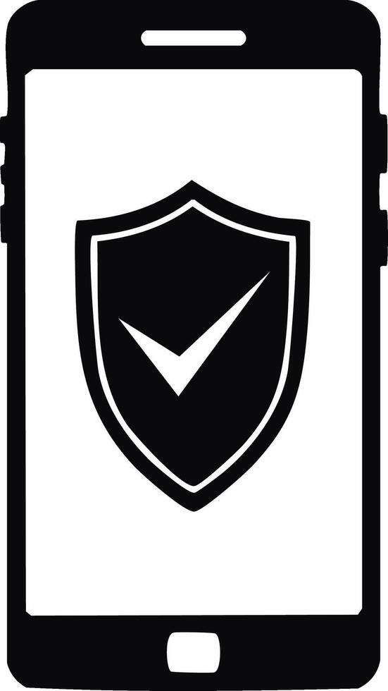 Smartphone screen displays a black shield icon with a checkmark indicating security and protection vector