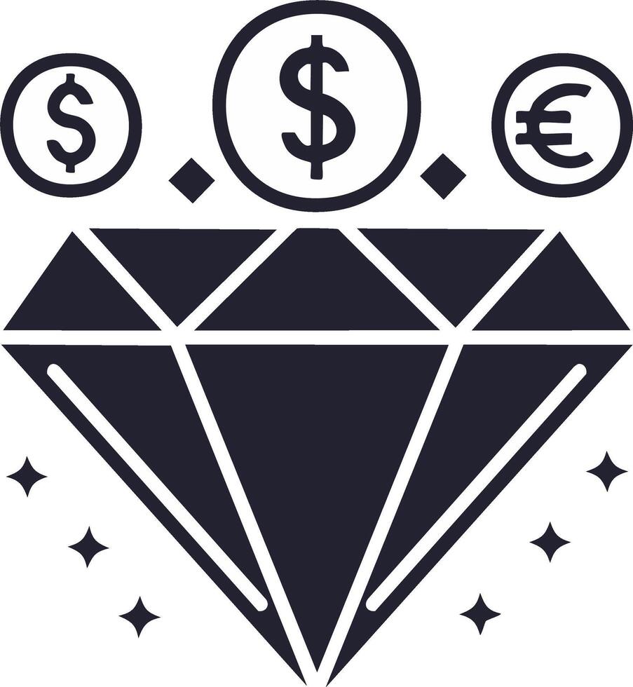 Diamond graphic with currency icons representing value and wealth for financial concepts vector