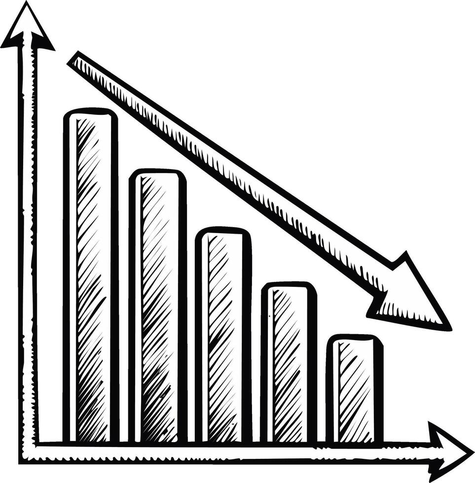 Illustration of a bar graph showing declining performance or loss, plus an up arrow and a downward arrow, in simple black-and-white lines vector