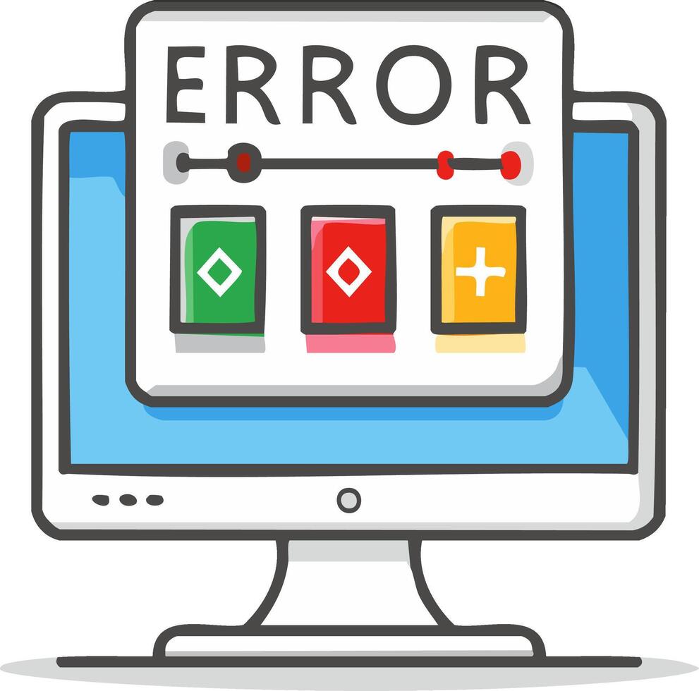 mano dibujado computadora monitor con un software error alerta mensaje en el pantalla vector