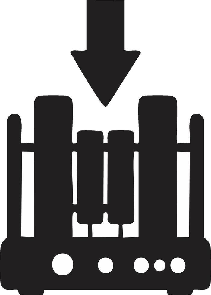 Monochrome audio amplifier outline with descending arrow emphasizing component placement or hardware compatibility for sound vector