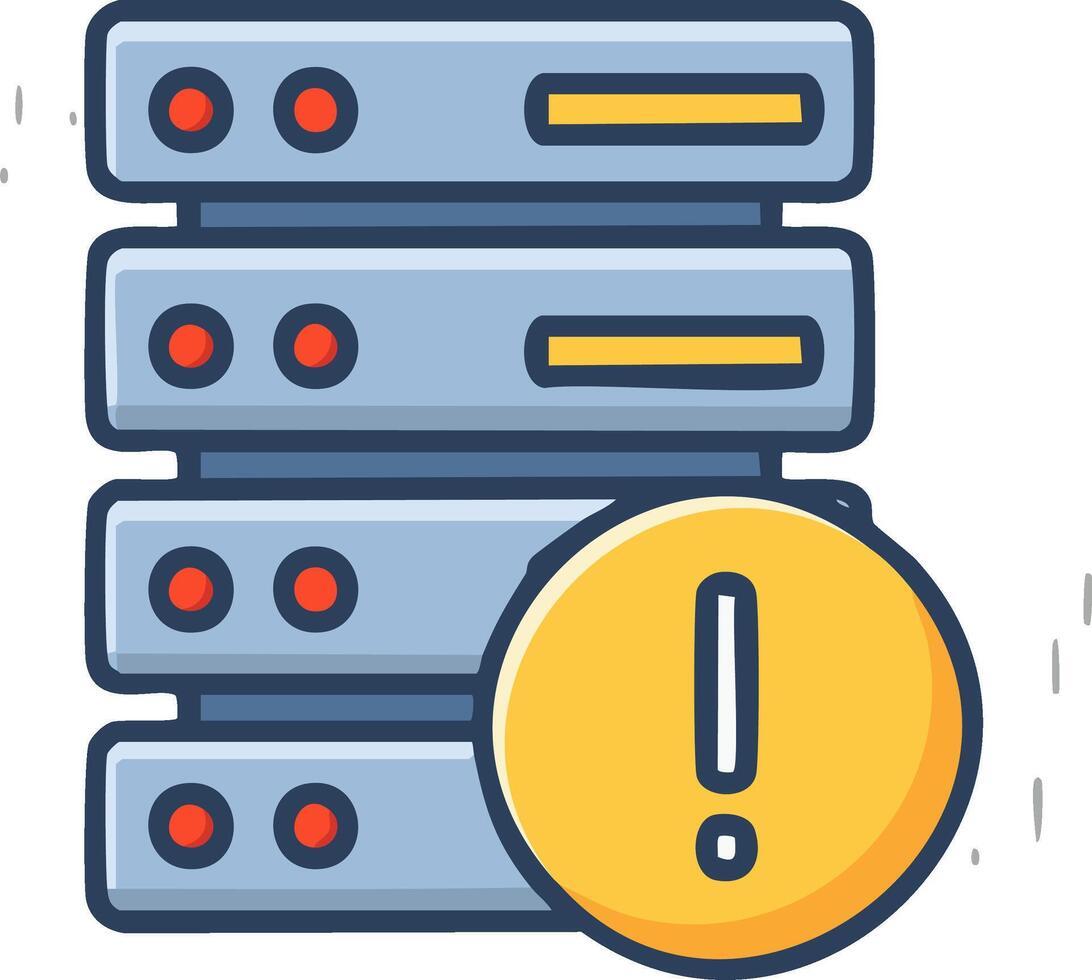 Cartoon Server Rack with Yellow Warning Sign Indicating System Error or Network Alert vector