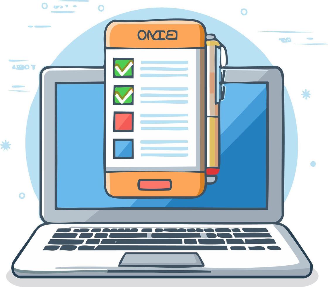 Digital task management concept with a checklist on a smartphone screen displayed over a laptop vector
