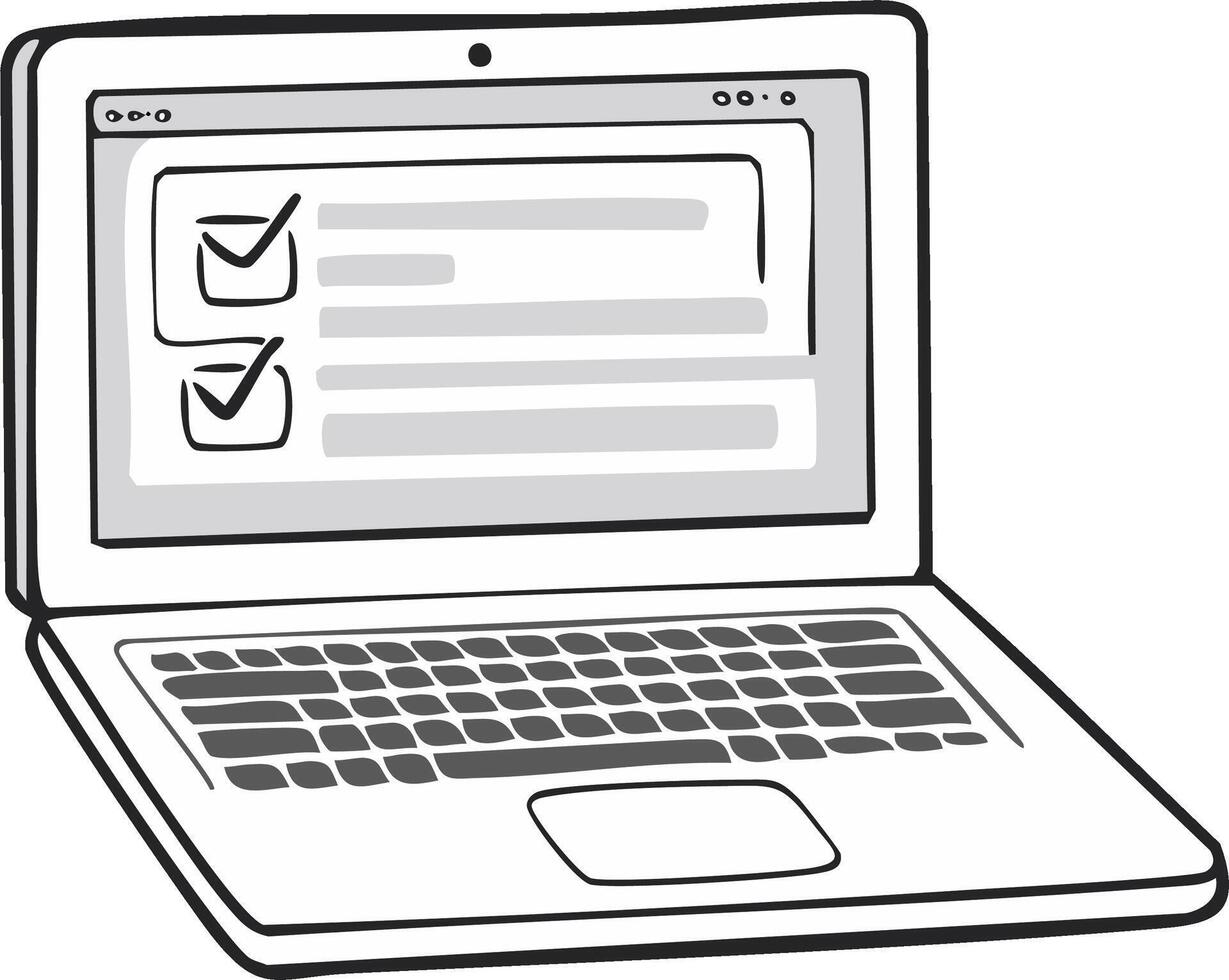 Hand-drawn laptop displaying a checklist with completed items and text fields vector