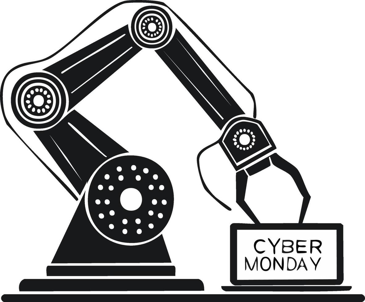 A robotic arm holding a laptop with Cyber Monday text. icon for online shopping and automation vector