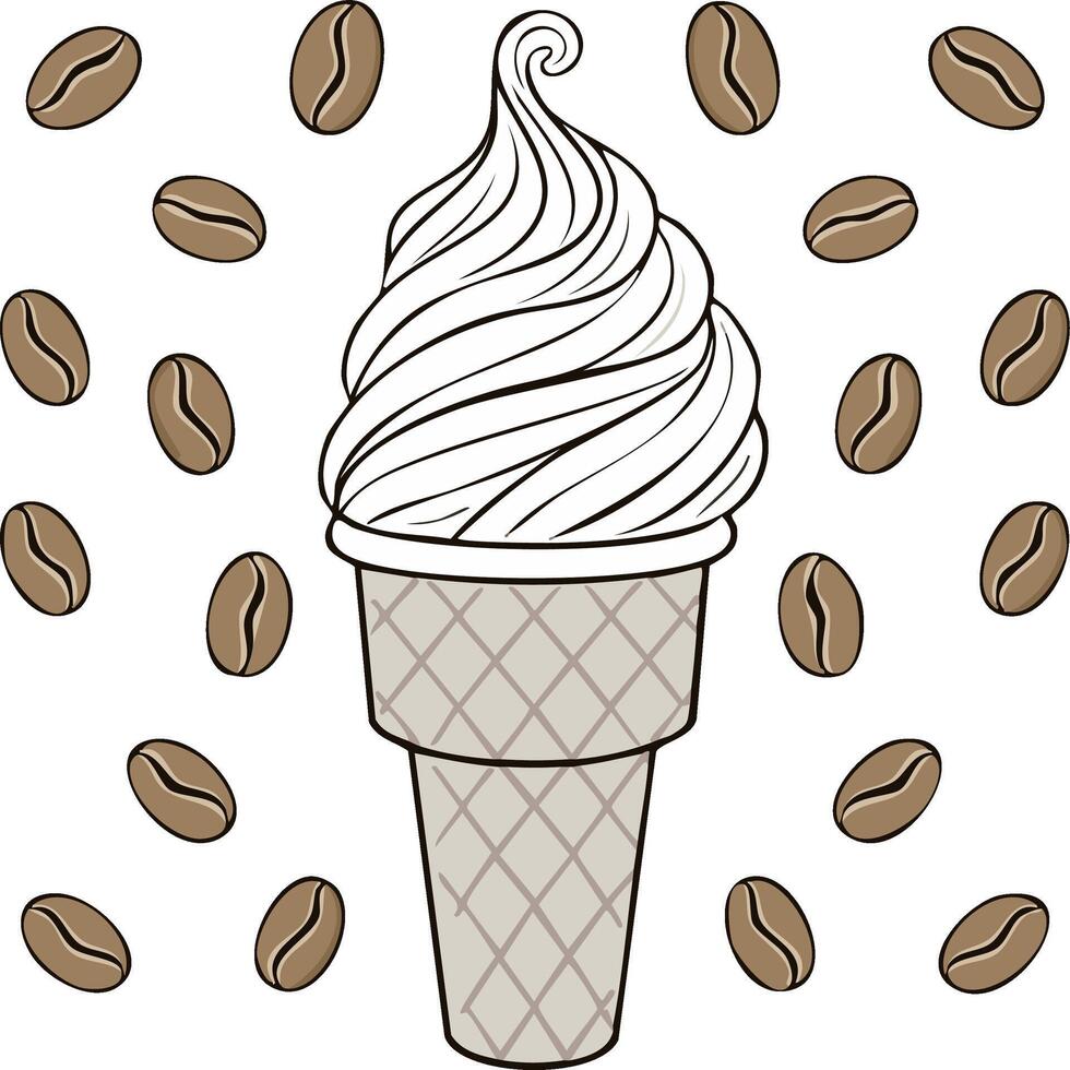 Creamy soft serve ice cream in a classic waffle cone with many coffee beans scattered around it vector