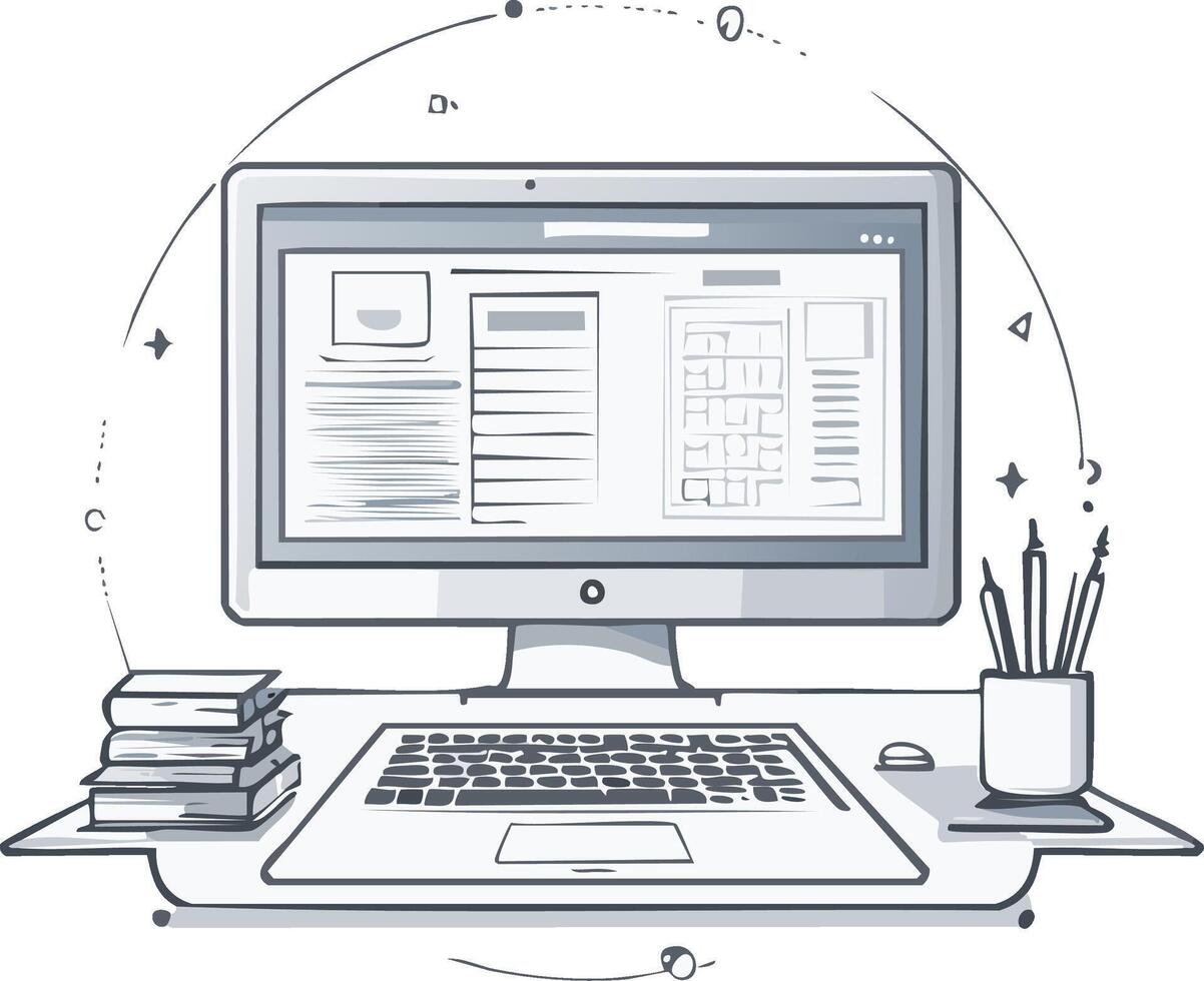 Desktop Computer with Keyboard Mouse Books and Pencils Work Environment Digital Office or Study Sketch Style Illustration vector