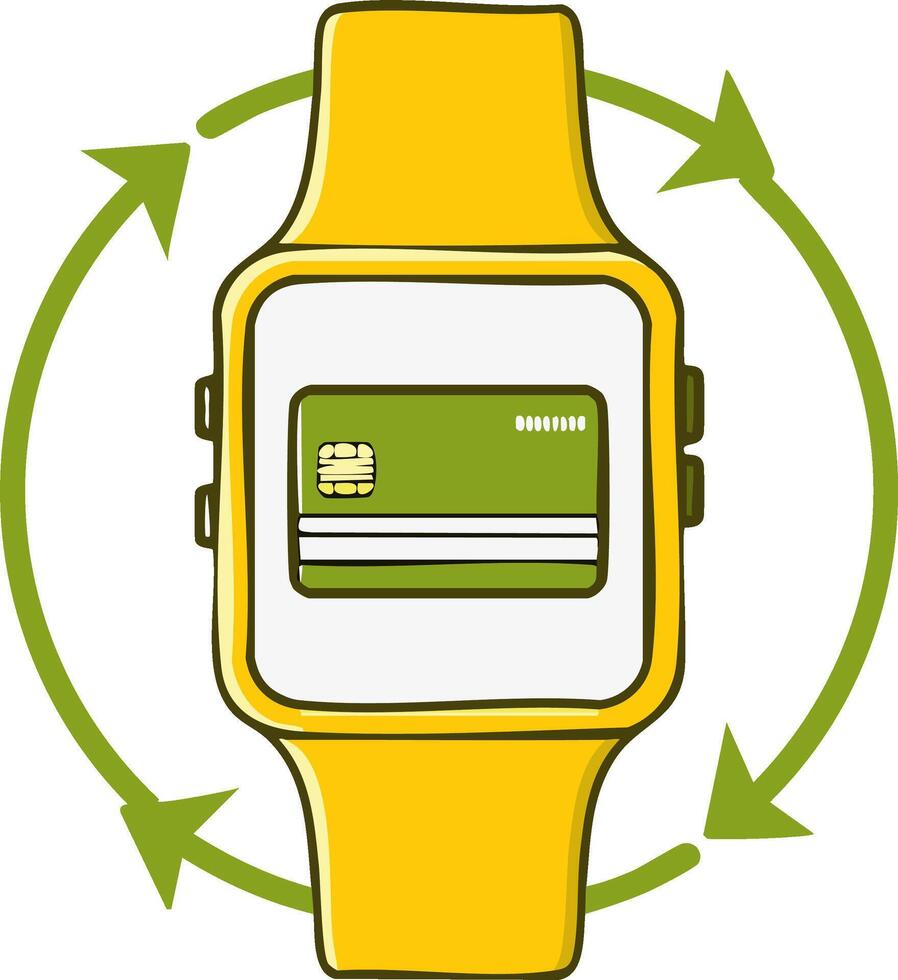 Smartwatch displaying a credit card with circular arrows symbolizing contactless payment and transaction process vector