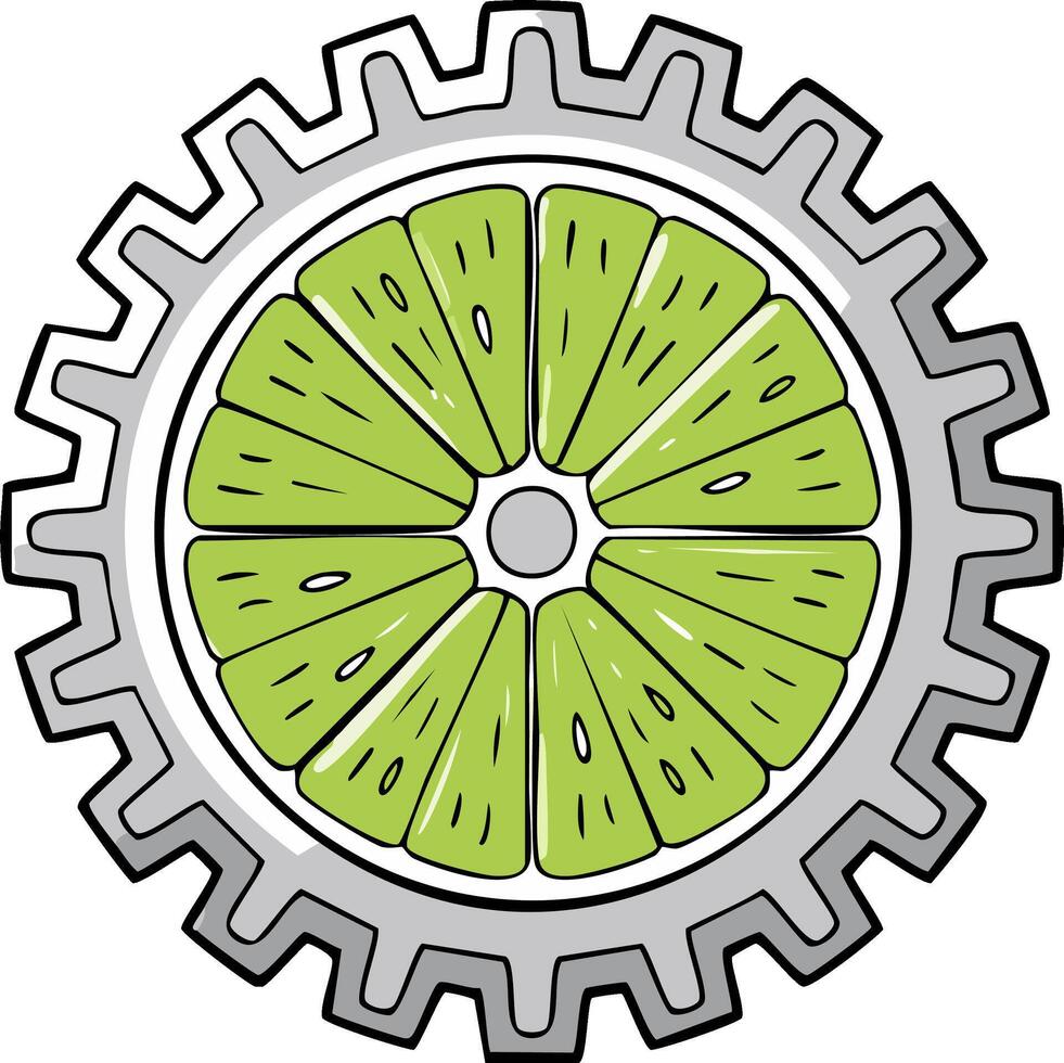Creative concept of a lime slice integrated with a gear mechanism for mechanical engineering and citrus vector
