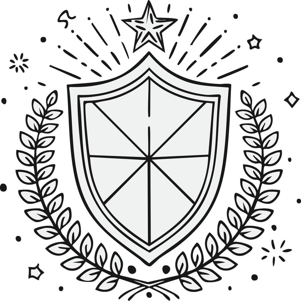 Hand-drawn shield emblem with star, laurel wreath, and decorative elements vector