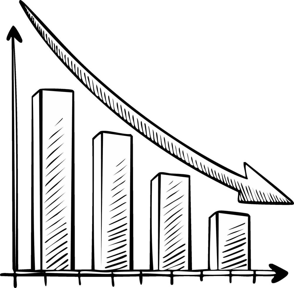 Hand drawn bar chart with a large downward arrow symbolizing financial decline or economic recession vector