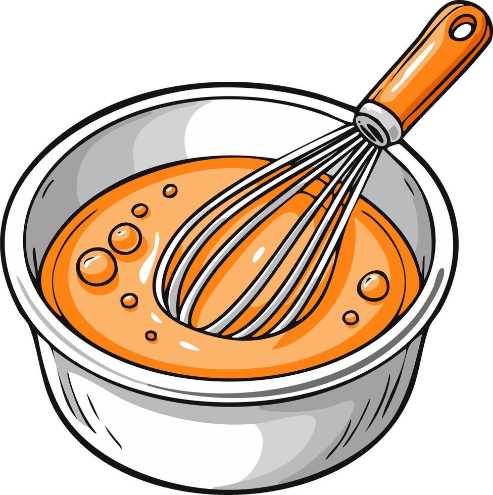 Whisk mixing orange liquid in a bowl creating batter for baking and cooking vector