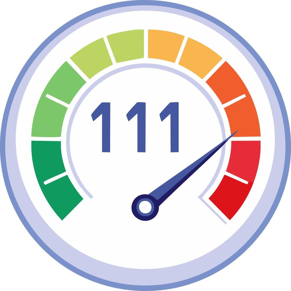 Colorful gauge meter with needle in the red zone showing a high risk or performance level vector