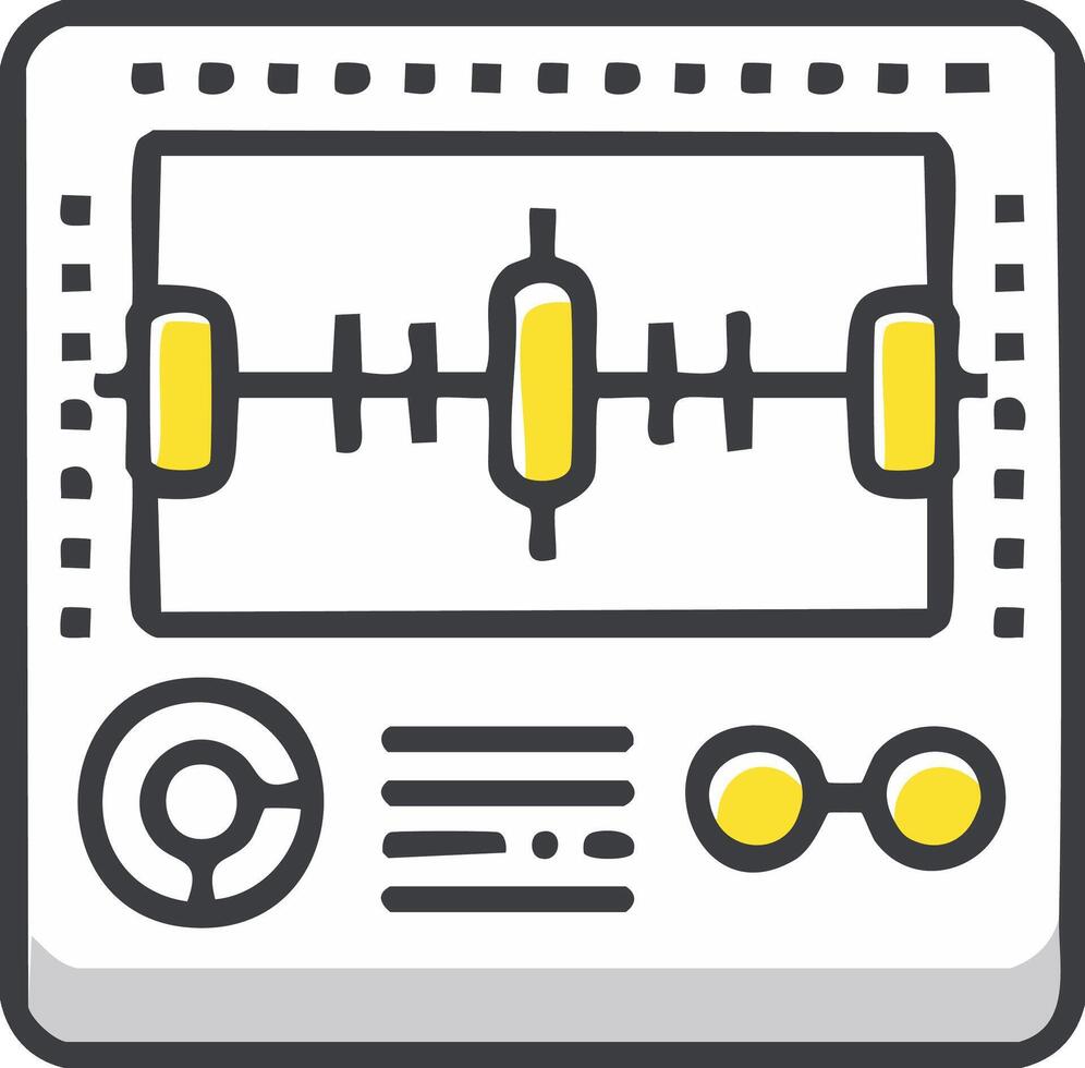 Hand drawn audio equalizer display with yellow sound wave bars and control icons vector