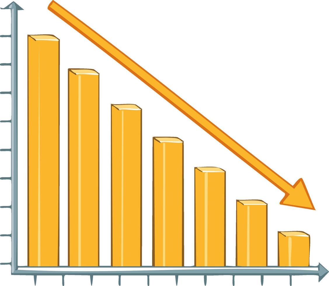 Bar chart graphic showing a downward trend with an orange arrow indicating decrease vector
