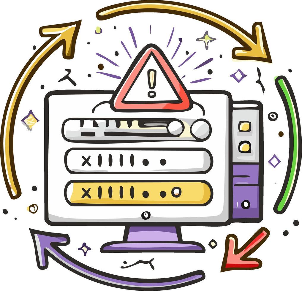 sistema error alerta en un computadora monitor con un advertencia firmar y circular proceso flechas garabatear vector