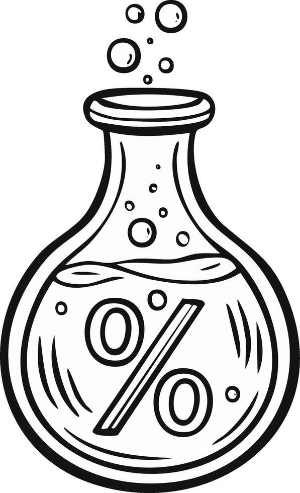 Outline illustration of a flask containing a liquid with a percentage symbol inside and bubbles indicating a sale vector