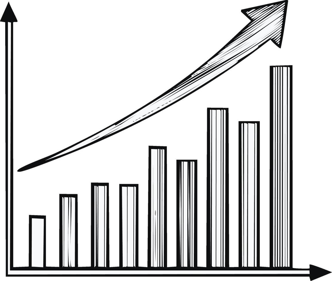 Hand drawn bar chart with upward arrow showing business growth and success vector