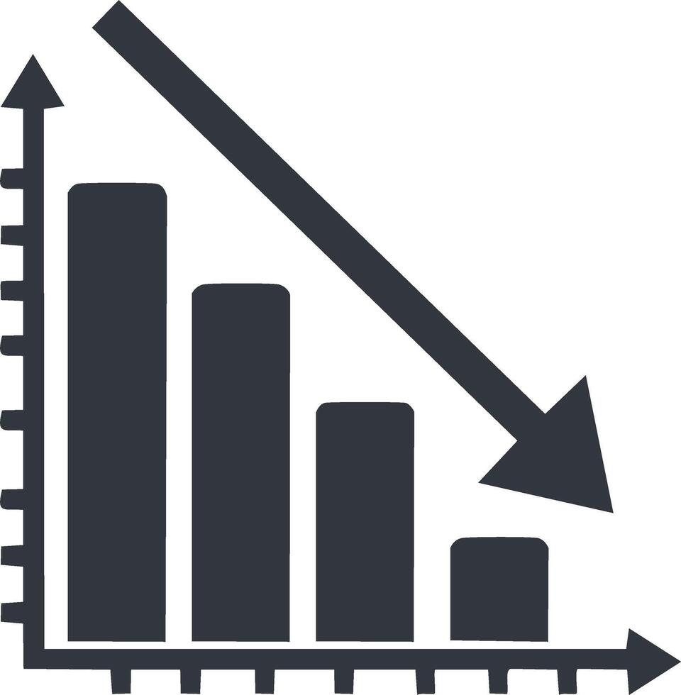 Declining Bar Graph with Downward Arrow Showing Loss or Decrease vector