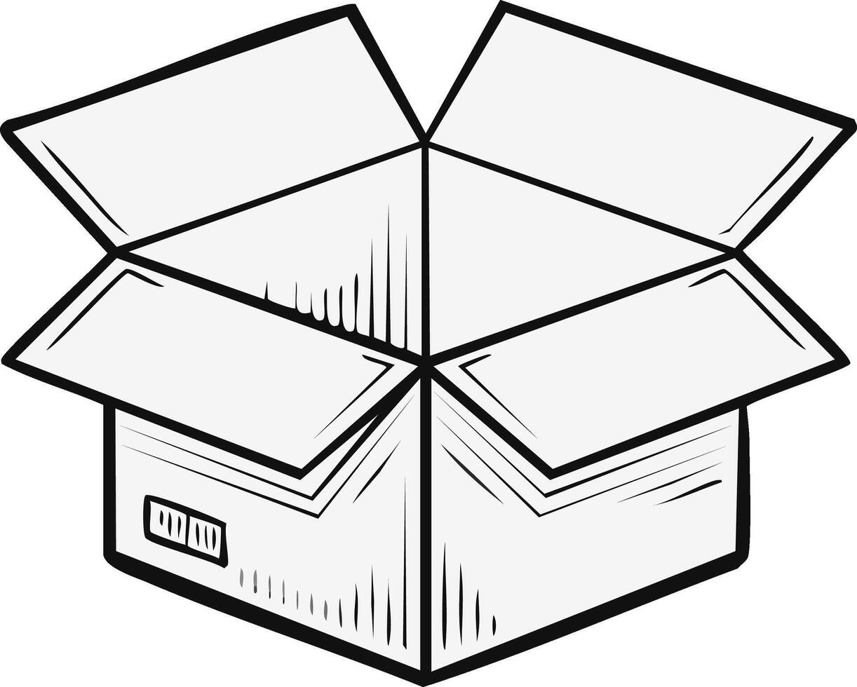 Empty Cardboard Box Hand Drawn Illustration, Package Container with Flaps Opened vector