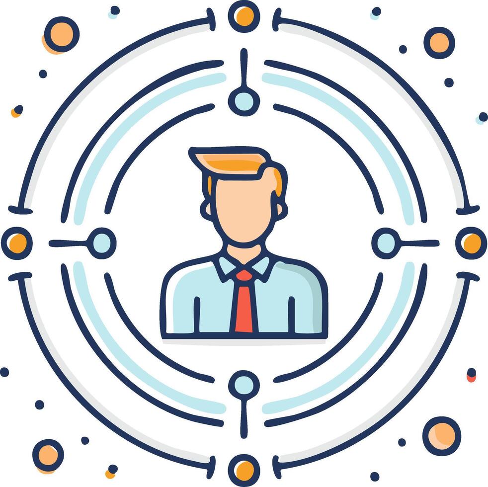 Person in blue shirt with red tie surrounded by network data flow circles and dots vector