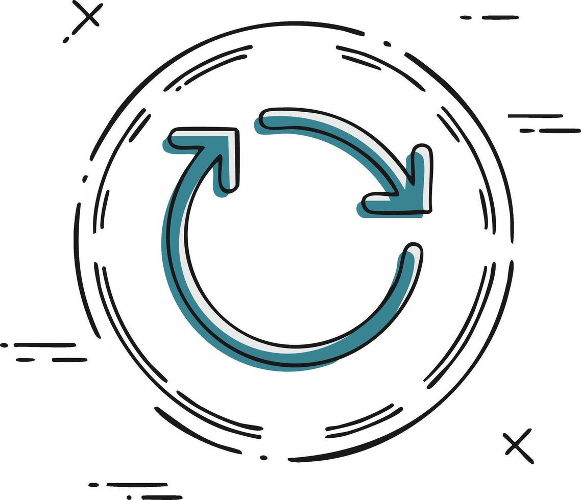Artistic line drawing of a circular arrow reload icon in a casual doodle style vector