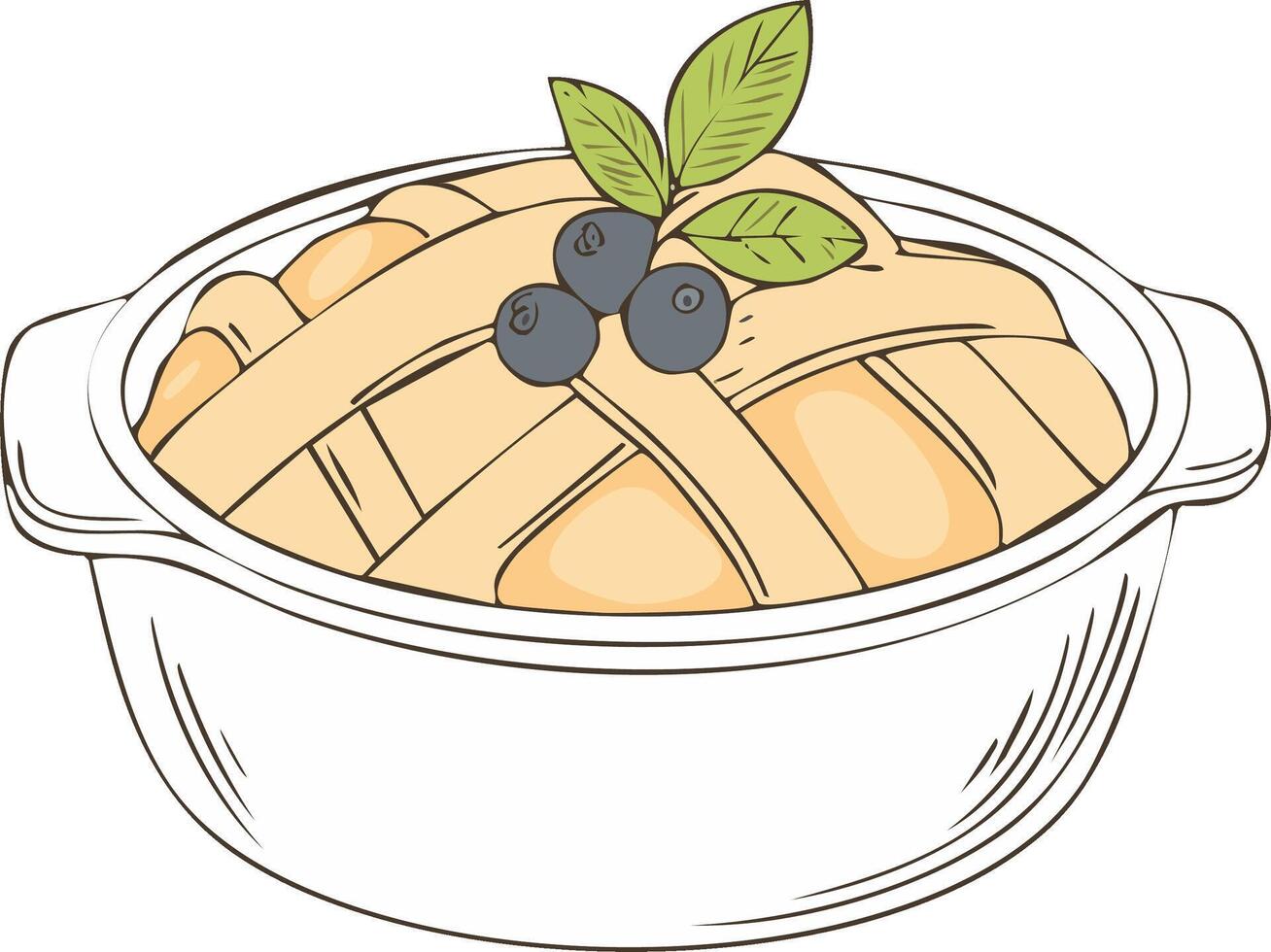 Homemade pie sketch with lattice crust and blueberries topping, in a white pie dish vector