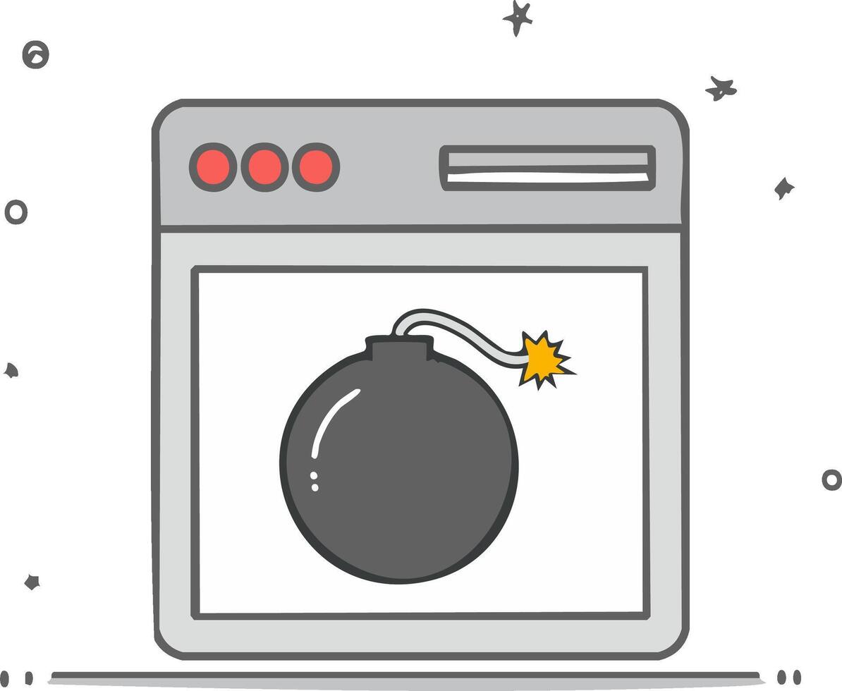 Computer screen displaying a cartoon bomb with a lit fuse about to explode vector
