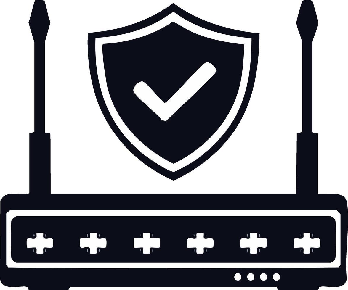 Secure network router icon with shield and checkmark symbol vector