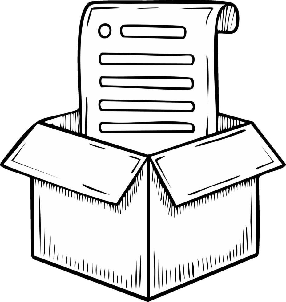 Hand drawn outline illustration of important document paper form inside an open cardboard box for organization vector