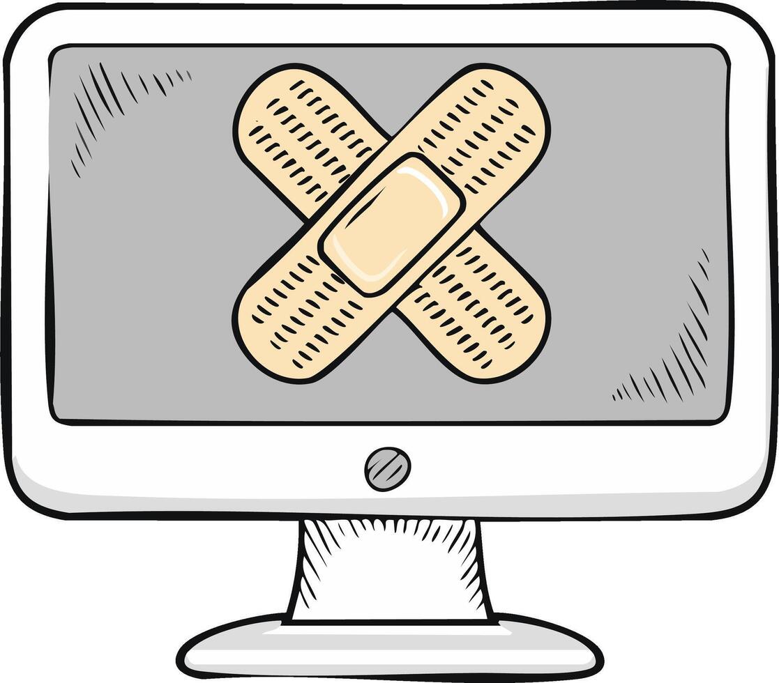 Cartoon Computer Monitor Screen with Bandages, symbolizing software patch, repair, and system recovery vector