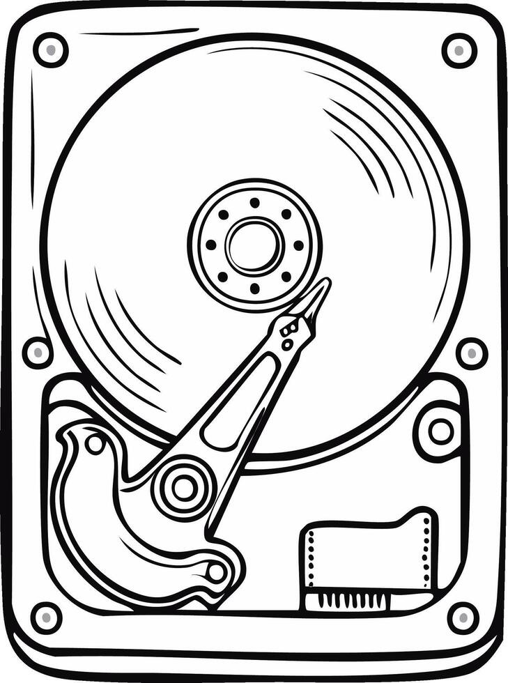 Detailed line drawing of a computer hard drive showcasing internal components and data storage mechanisms vector